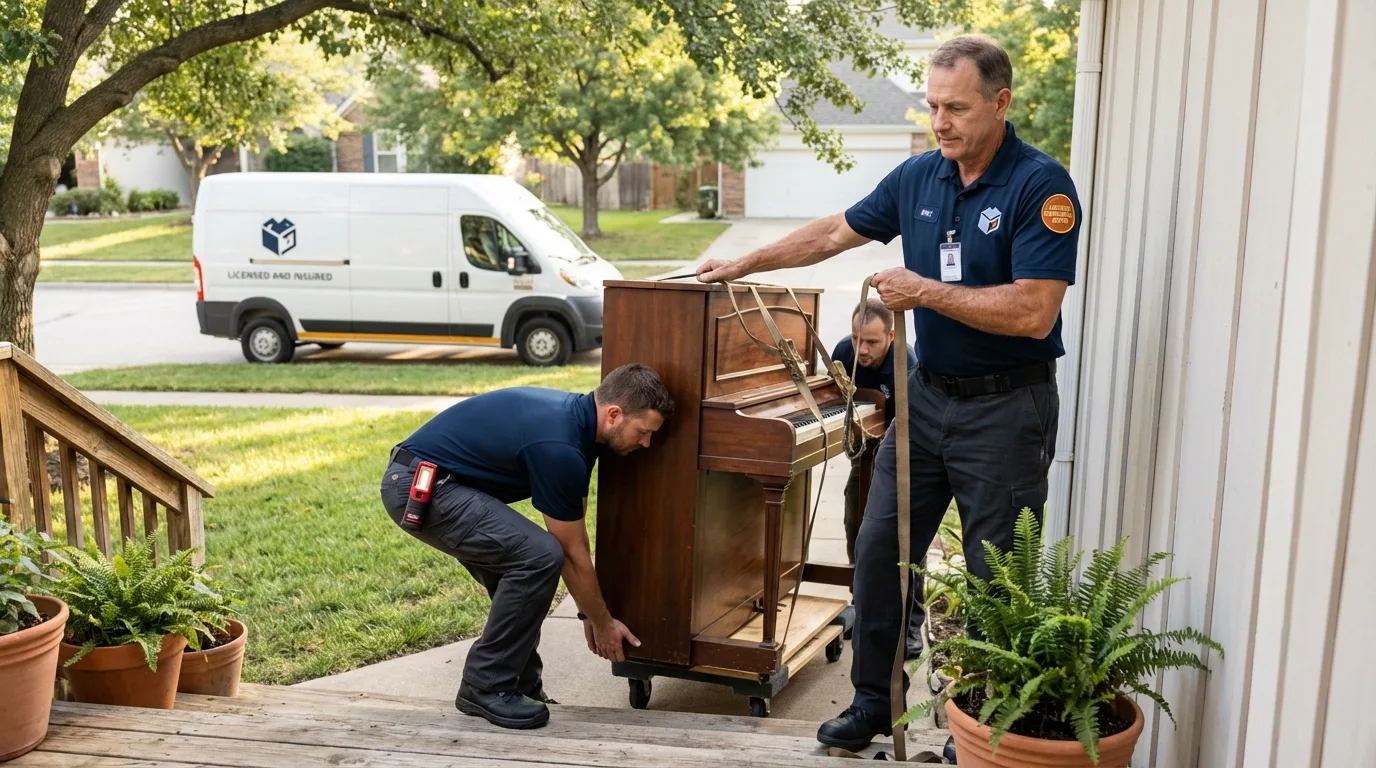 Licensed piano movers securing grand piano in Port Barre, LA